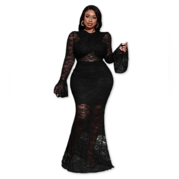 Black Lace Mermaid Fish Tail Formal Dress - Picture 2 of 11